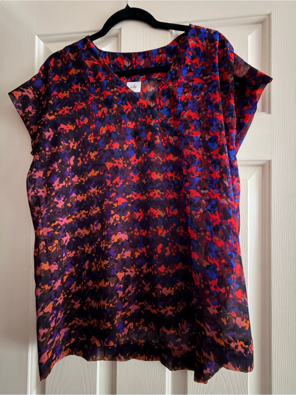 CAbi Abstract Print Short Sleeve Blouse in Red, Purple, Blue